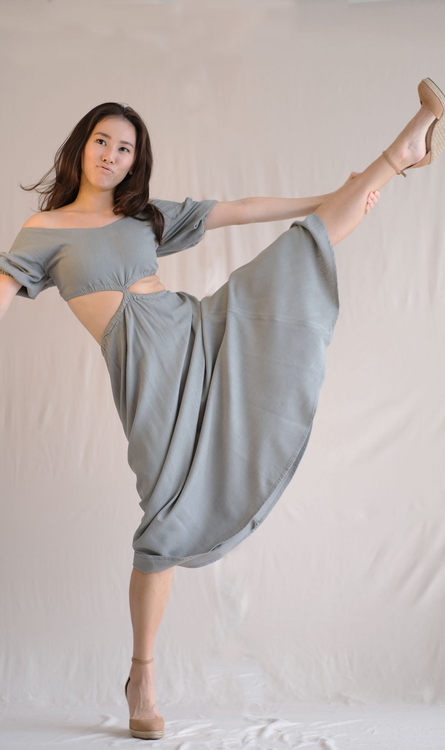 Naila Cut Out Dress- Green Grey