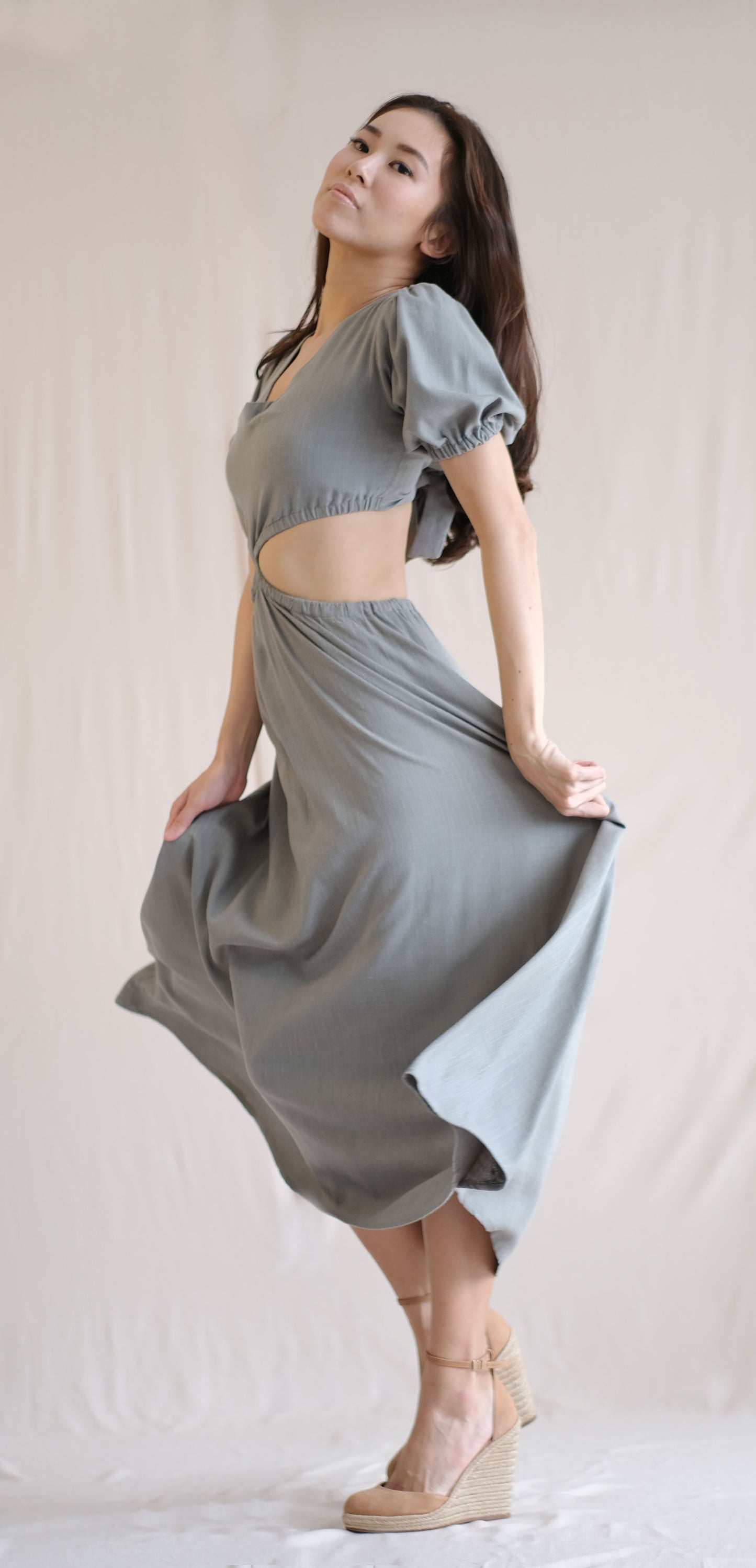 Naila Cut Out Dress- Green Grey